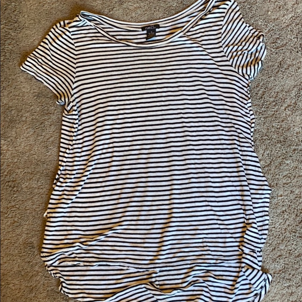 a black and white stripped t-shirt